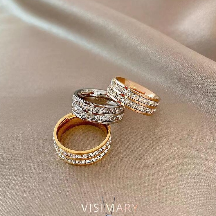 PMTY2761 ✓ VISIMARY-C04 Cincin Korea Style Titanium Steel Double Row Ring simple diamond Lapis Emas 