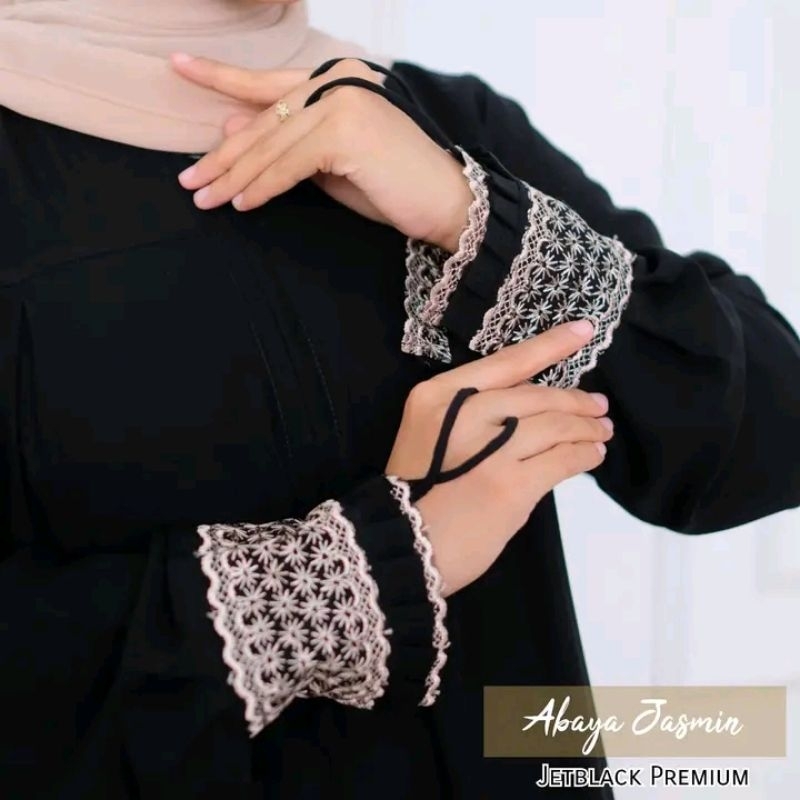 Jasmine Abaya Jetblack Hitam Pekat Premium Exclusive S-XXL Gamis Syari Abaya Hitam Pekat Renda Premi