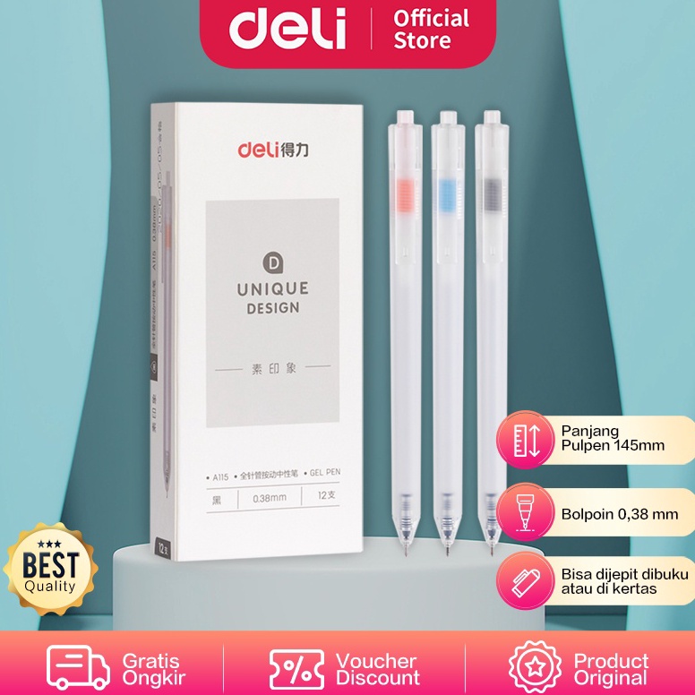 

Terbaru.. Deli Gel Pen / Pulpen Gel 0.38mm Tinta Hitam Isi 12 Retracable Desain Unik A115 FC7