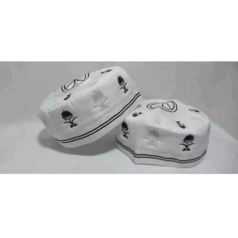 peci kopiah Madinah putih motif pohon kurma hitam