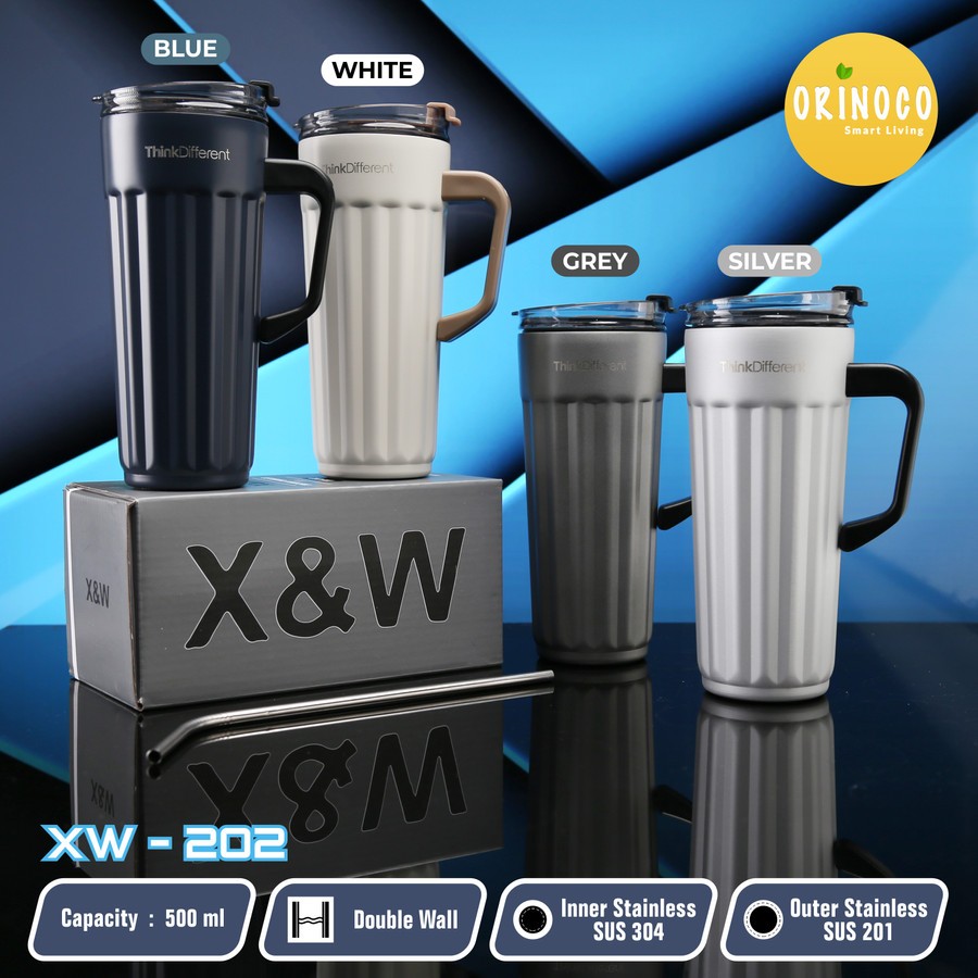 orinoco Mug Coffee  XW-202 Mug Gelas + Sedotan Stainless 500 ML Anti Tumpah Hot & Cold