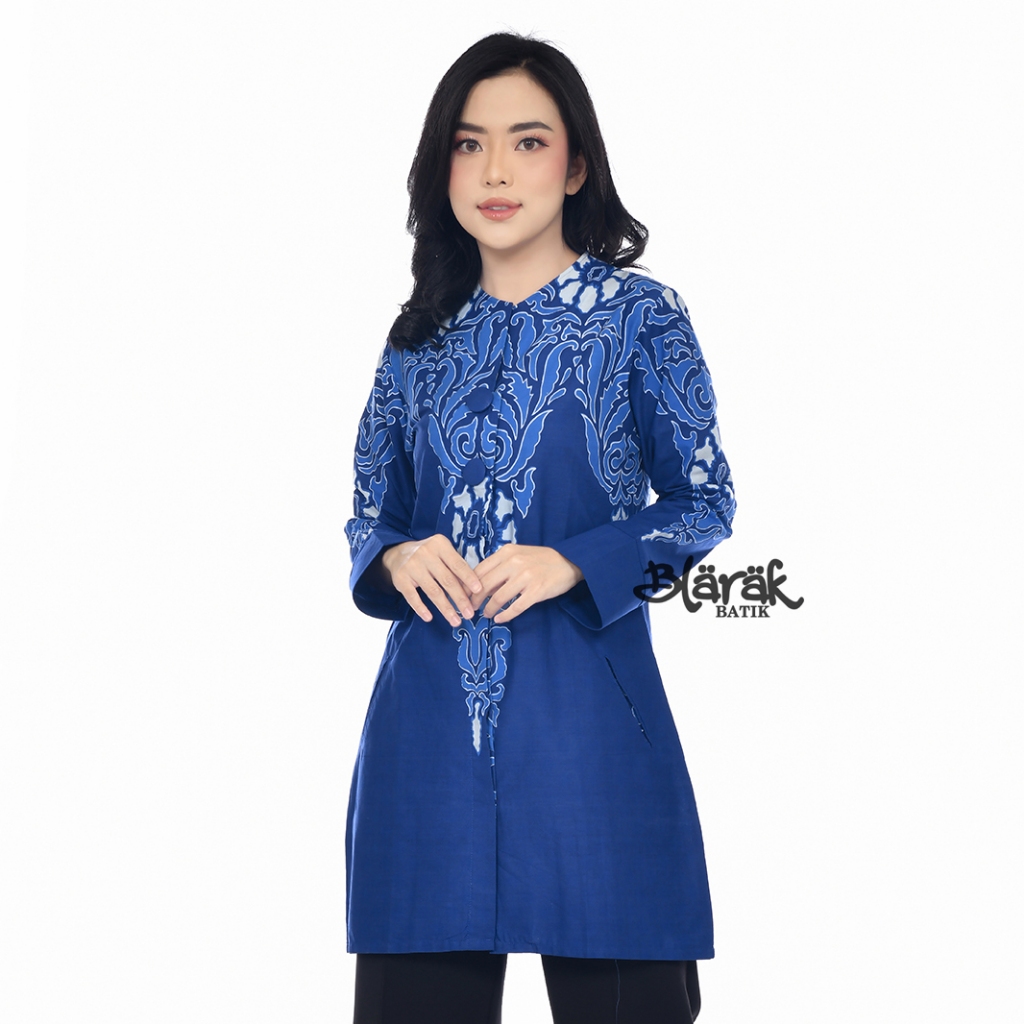 Atasan Tunik Batik Wanita Premium Furing AHY 1 Biru Kancing 2 / Resleting BLARAK Pekalongan