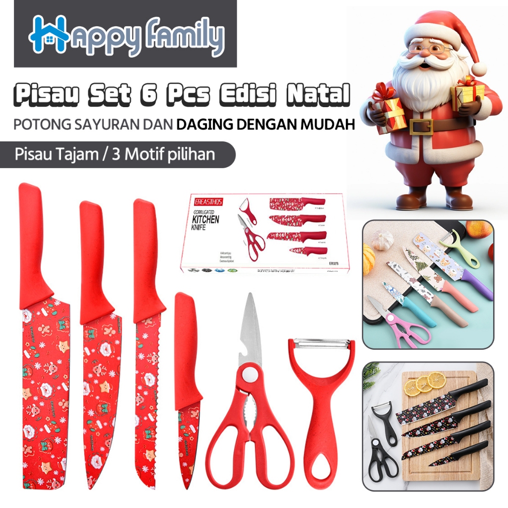 Happy Family TERBARU Edisi NATAL Pisau Set 6Pcs Bahan Stainless Premium / Natal Merry Christmas Kitchen Knife Set 6 Pcs Terbaru High Quality