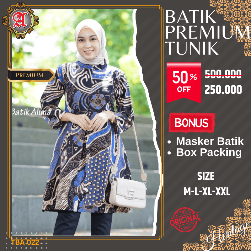 Dress Batik Wanita Dewasa Lengan Panjang Atasan Tunik Baju Batik Cewek Premium Modern Mewah Model Elegan Batik Aluna Solo TBA 022