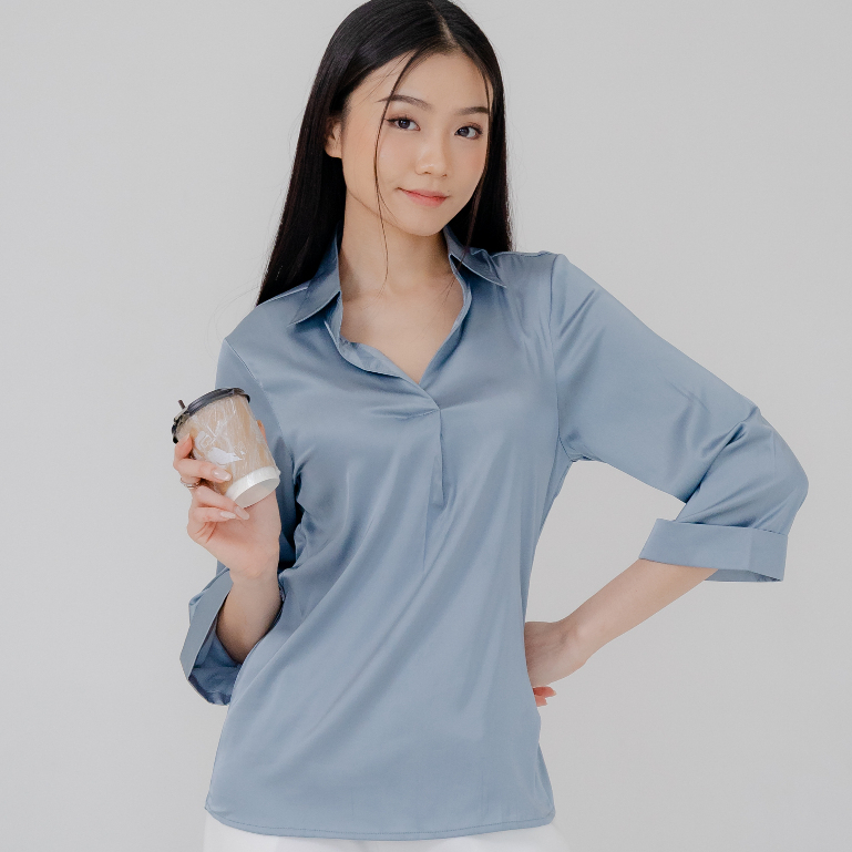 Sunflower Haley Kemeja Shirt Hitam Basic Satin Silk Premium Lengan Panjang Wanita