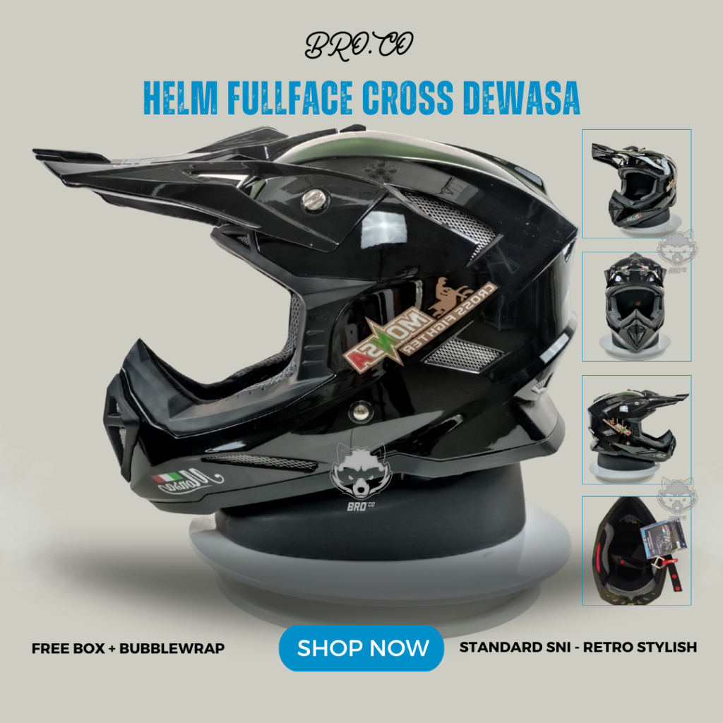 Helm Cross Branded JPN Full Face Cross Motor Trail Black Glossy Solid Hitam Mengkilat Original Retro