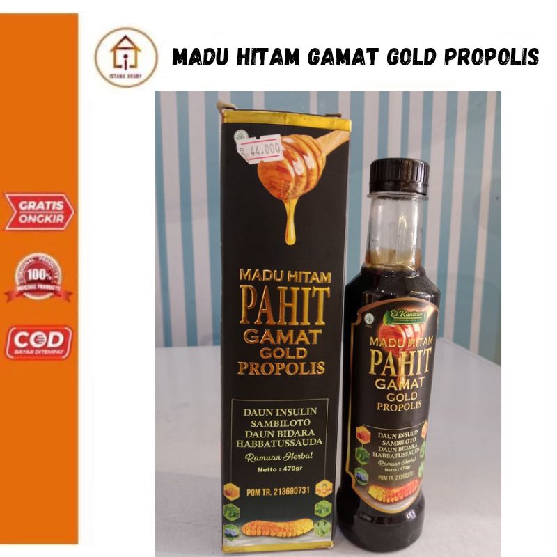 

MADU HITAM PAHIT GAMAT GOLD PROPOLIS 470GRAM/RAMUAN HERBAL SAMBILOTO DAUN BIDARA HABBATUSSAUDA