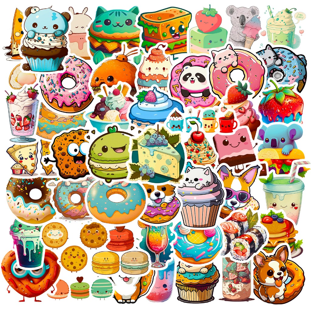 

50pcs Die Cut Sticker Donuts Hewan Kecil Ice Cream Toast Milk Tea Creative Food DIY Laptop Handphone Koper Motor Bahan Vinyl Tahan Air