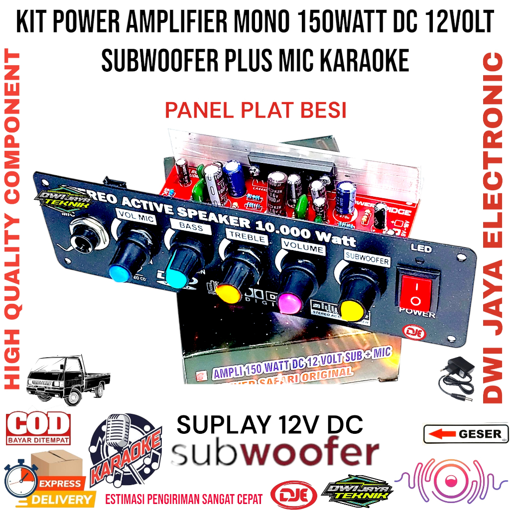 TERLENGKAP Kit Power Amplifier Mono 150WATT DC 12Volt Subwoofer Plus Mic Karaoke **