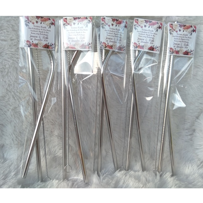 Souvenir Pernikahan Sedotan Stainless Straw Sedotan Minum Stainless Set Travel Kemas Plastik