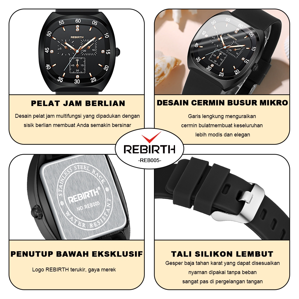 REBIRTH Jam Tangan Wanita Anti Air Original Kasual Mode Tali Silikon Jam Tangan Cewek Korea-5