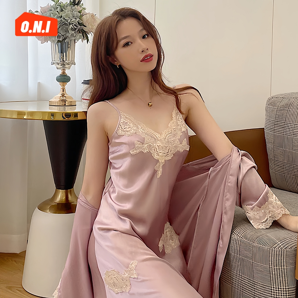 Piyama wanita seksi Perancis/baju tidur sutra es satin/set 2 potong bretel lengan panjang berenda