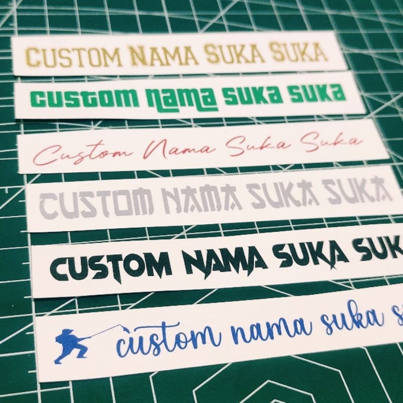 cetak water slide decal custom nama logo untuk joran pancing motor  helm dll