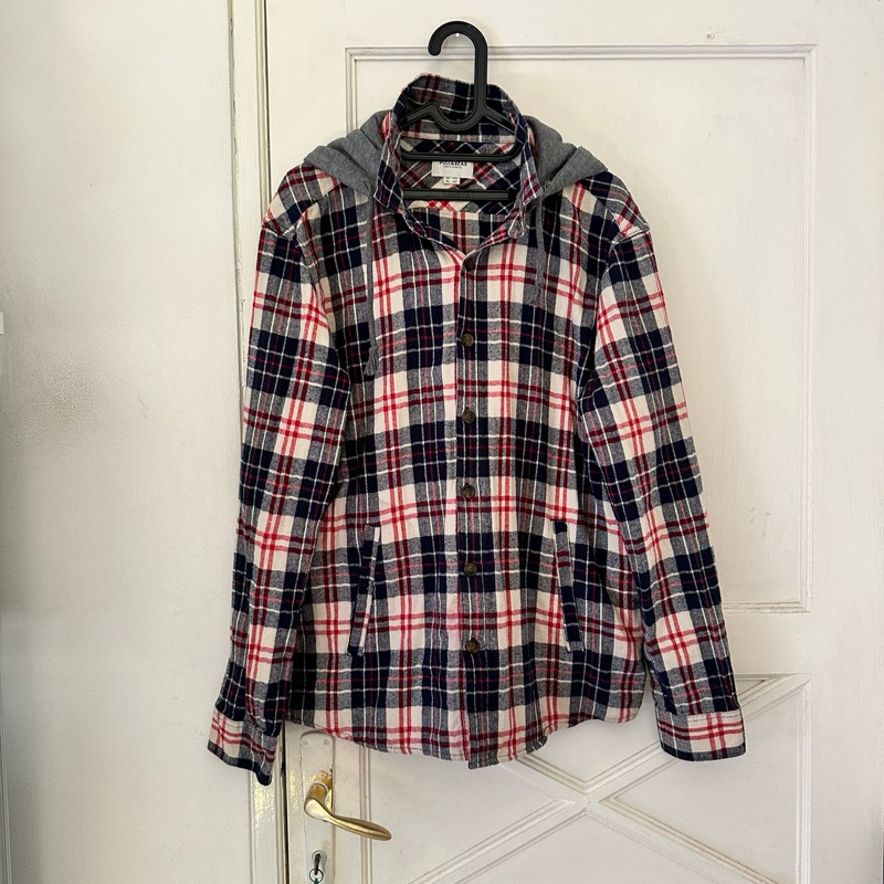 PULL & BEAR Pria Checked Hooded Overshirt - Size XL/42