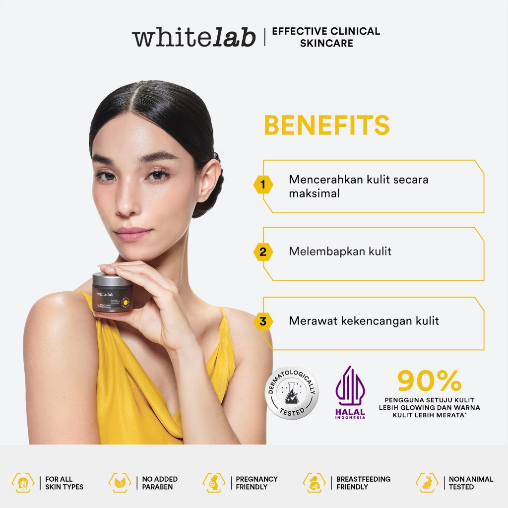 Whitelab Brightening Night Cream - Pelembap Krim Malam Pencerah Wajah Untuk Kulit Kering Dengan Niacinamide, Hyaluronic & Collagen [BPOM] Image 4