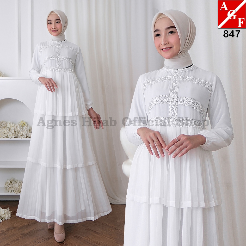 Agnes Hijab - Zhiva Dress Gamis Muslim Wanita Abaya Putih Brukat Mewah Baju Lebaran Terbaru 2026 Haj