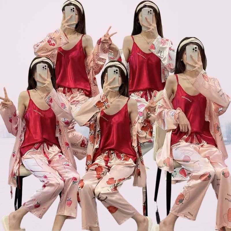 SETELAN ONESET 3IN1 KIMONO TALI TANKTOP PIYAMA BAJU TIDUR SEXY WANITA DEWASA CP KOREA SATIN IMPORT L