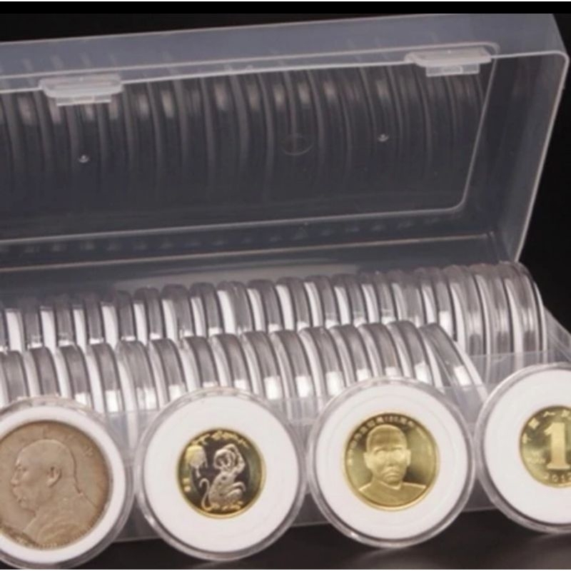 Pelindung koin Kapsul coin bulat 46 mm transparan busa box plastik isi 60 kapsul