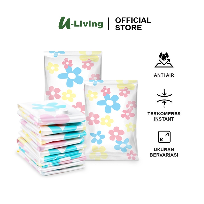U-Living Plastik Kompresi Vacuum Pakaian Travel Transparant Bunga Anti-air Dipakai Berulang