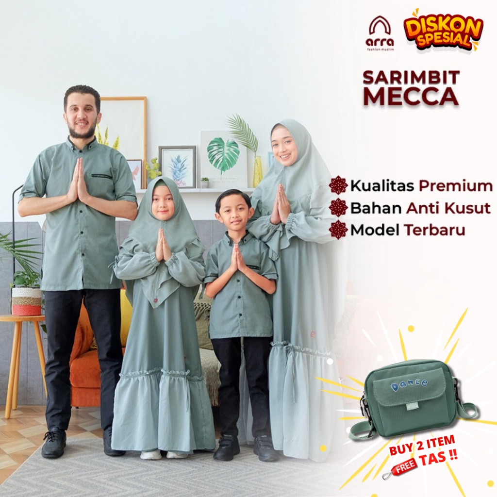 1212 Promo Mecca Sarimbit Set Keluarga Koko Kemko Gamis Kerudung Khimar Warna Sage Green Fashion Mus