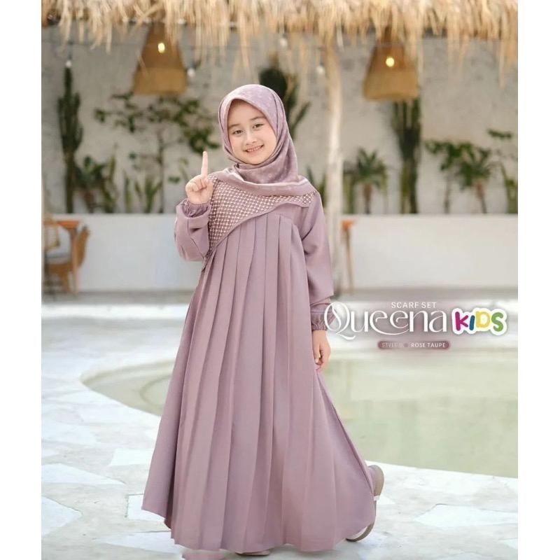 Queena kids gamis anak perempuan usia 4-11 Tahun ukuran M L XL bahan syakila mix tille dot gamis kon