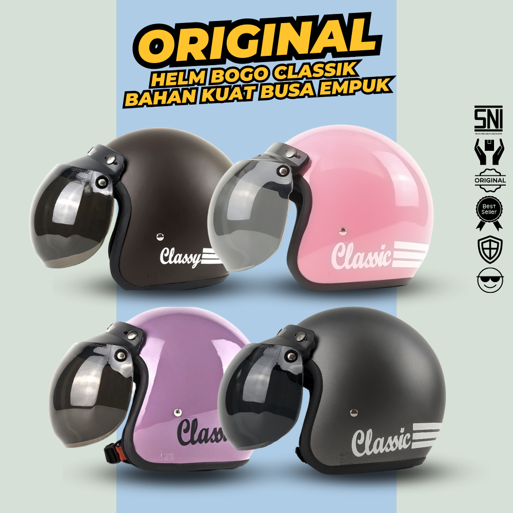 Cod Promo BPT Helmet Helm Bogo Classic List Kulit Pink SNI Wanita Cewek Hijab Dewasa Free Kaca Cembu