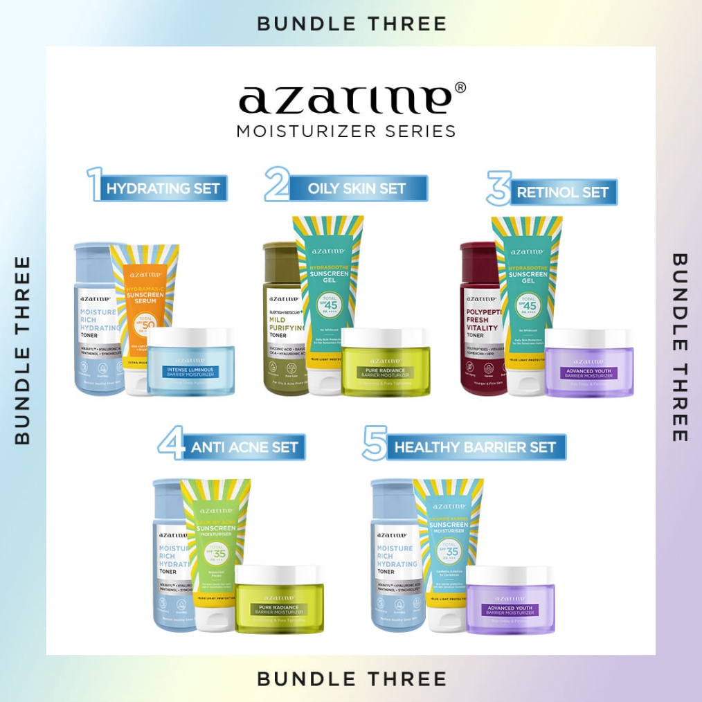 Original Azarine 3 Pcs Paket Barrier Moisturizer Series with Sunscreen Kulit Berjerawat Pelembab Waj