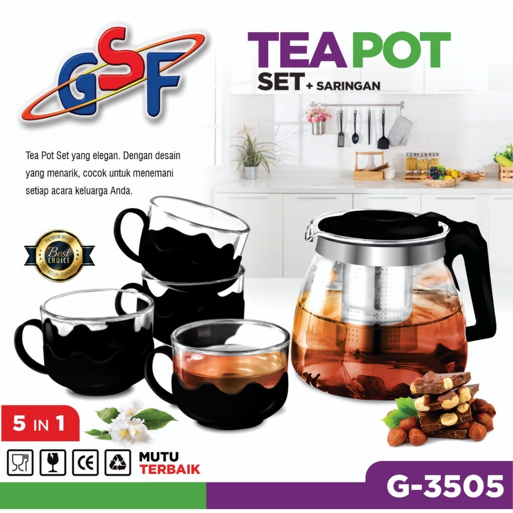 SSA Tea Pot -Teko Kaca Set + Saringan Teh 5 PCS 5 IN 1/ GSF 3505 Hitam