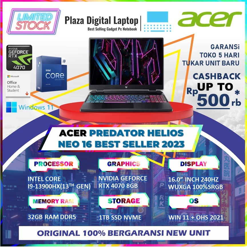 Acer Predator Helios Neo 16 Intel Core i9 Gen 13-13900HX RTX4070 8GB/ 32gb Ram 1TB SSD W11+OHS 16.0WUXGA 165HZ SRGB100%