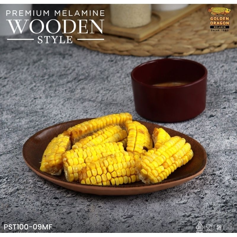 Piring Motif Kayu 9 Inch - Golden Dragon Melamin (PST10009MF) Bulat Kitchenware