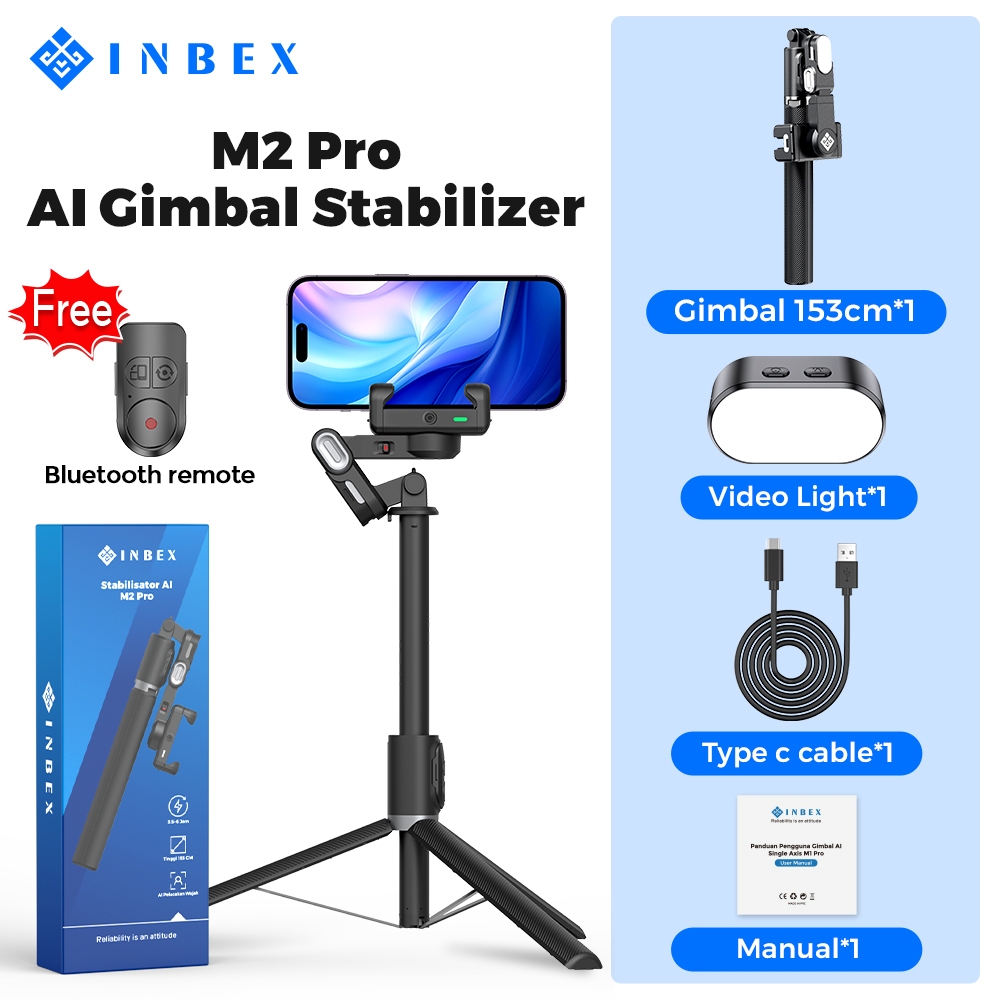 INBEX M1/M2 Gimbal Stabilizer Handphone AI Face Tracking No need APP 153cm Tongsis tripod multifunctional Stabilizer-M2 hitam+light
