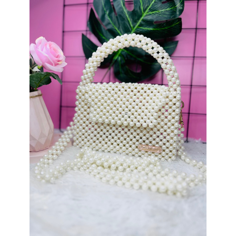 Tas Manik Manik / Tas Beads / Beaded Bag Handmade Putih Mutiara Beads By Firanti