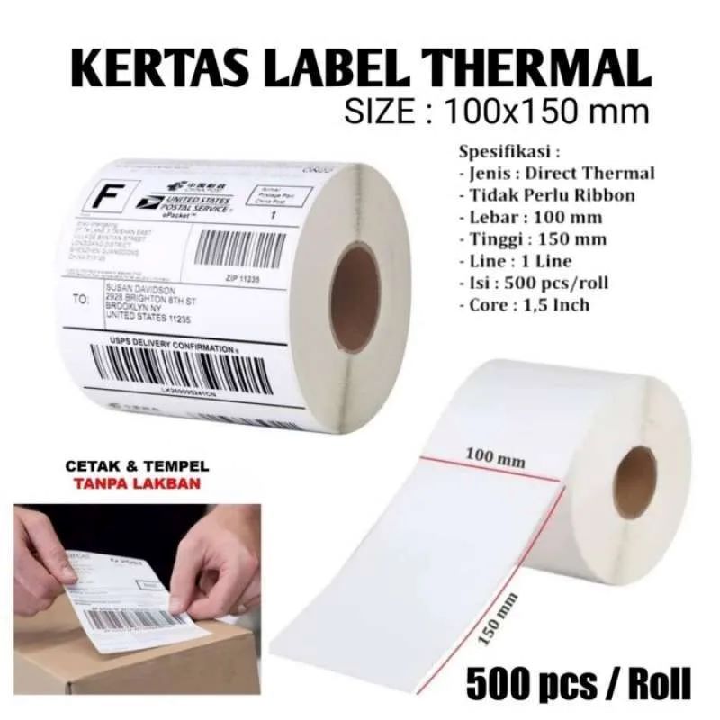 KERTAS THERMAL LABEL STICKER THERMAL 100 X 150 BARCODE 100X150 UKURAN A6