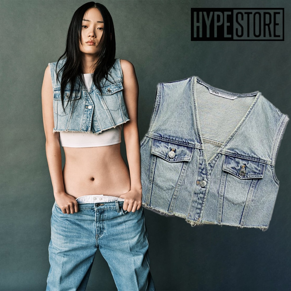 ZARA TRF Denim Crop Vest Light Blue