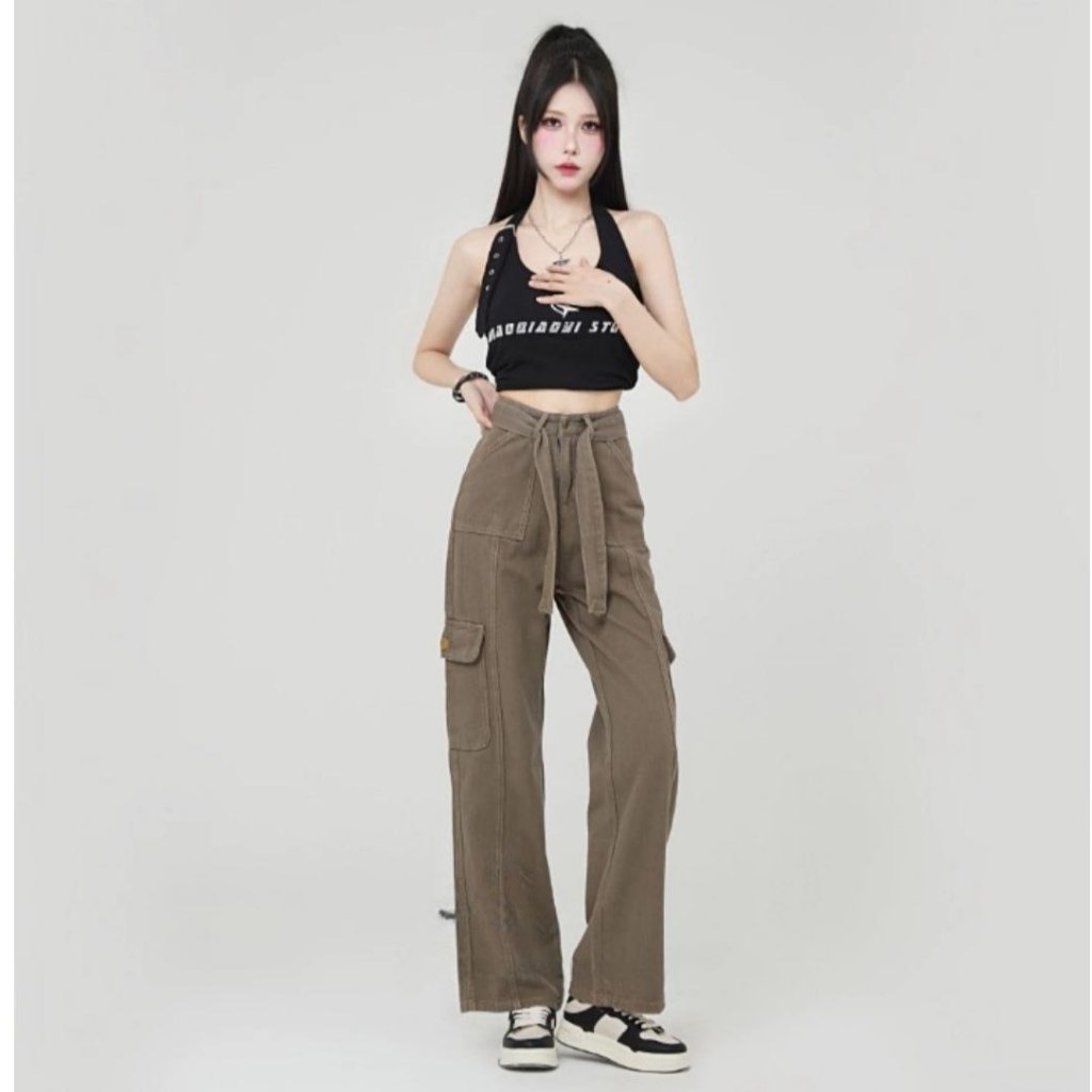 Celana Cargo Tali - Celana Jeans Cargo J41 - Jeans Cargo Panjang Wanita - Cargo Jeans Style Korean -