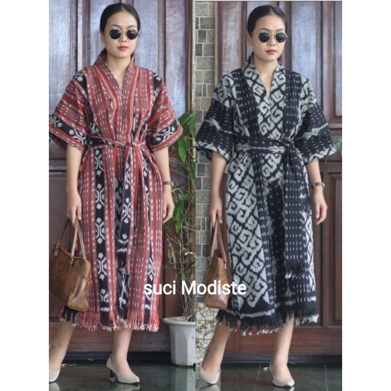 Dress Tenun Model Kimono - Dress Tenun Modern - Dress Tenun Oversize - Dress Tenun Kekinian