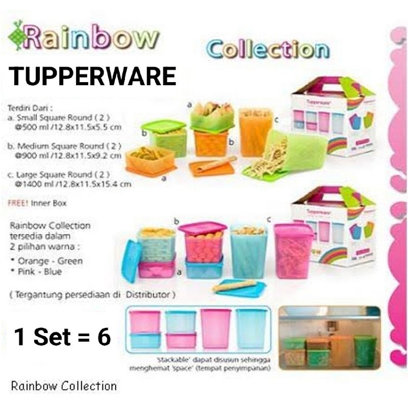 Tupperware Rainbow Collection 1 Set+Free Inner Box / Small Medium Large Square Round Jadul