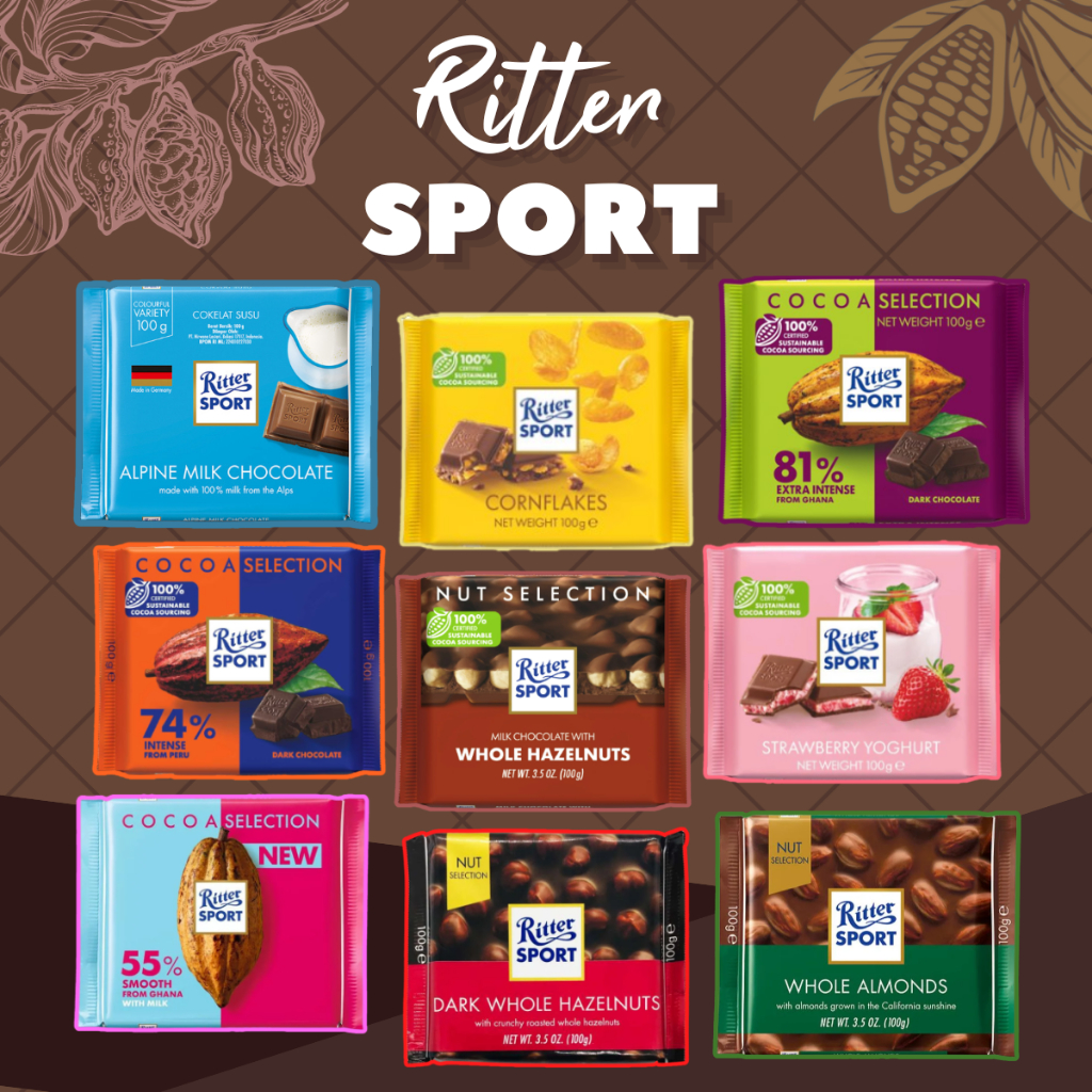 

Ritter Sport Chocolate 100g Camilan Cokelat Batang Import Manis 1 Pcs coklat gula Cocoa Dark CornFlakes