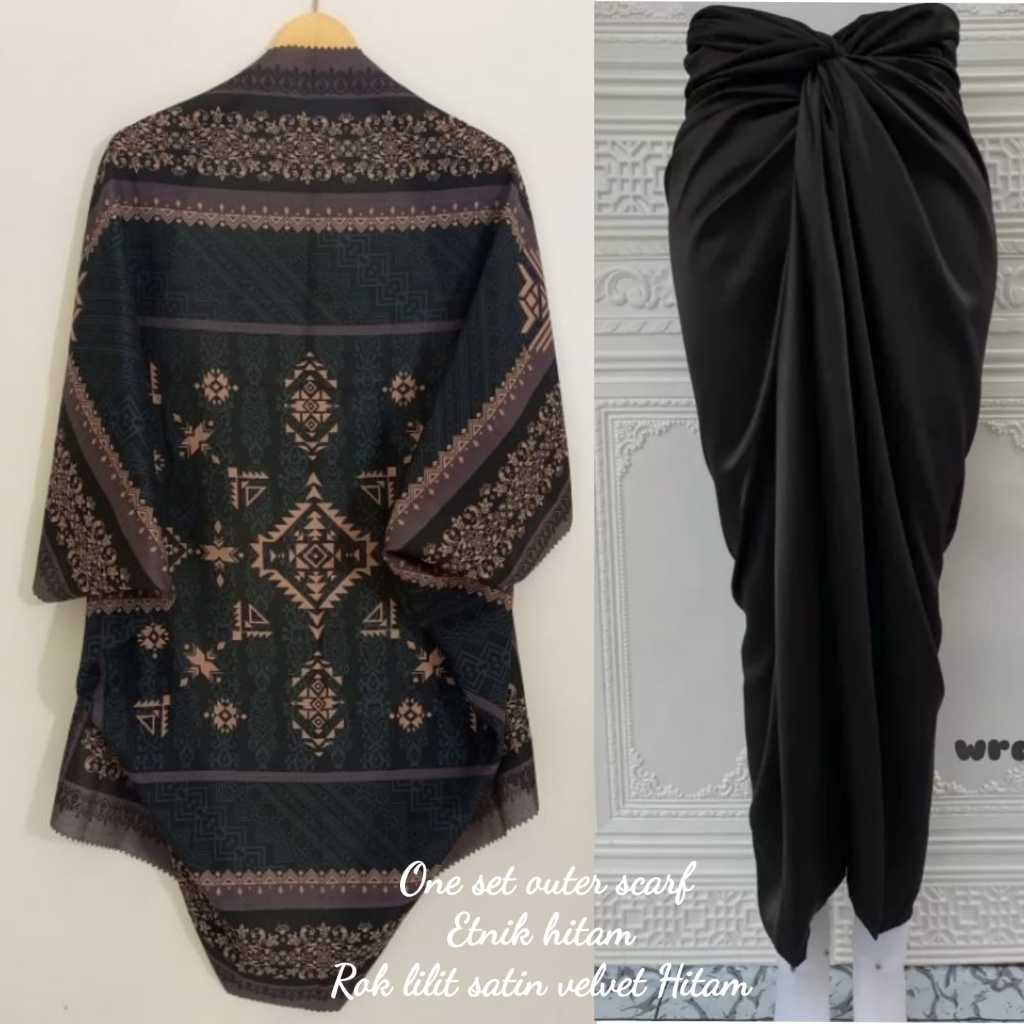 HOT ARYANI SET One Set Outer Scarf Motif + Rok Wrap Satin Velvet , Set Rok Lilit Satin , One Set