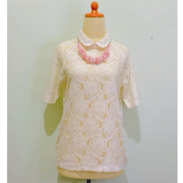 Atasan top blouse blus wanita vintage kerah sailor peterpan collar bahan brokat brukat motif polos w