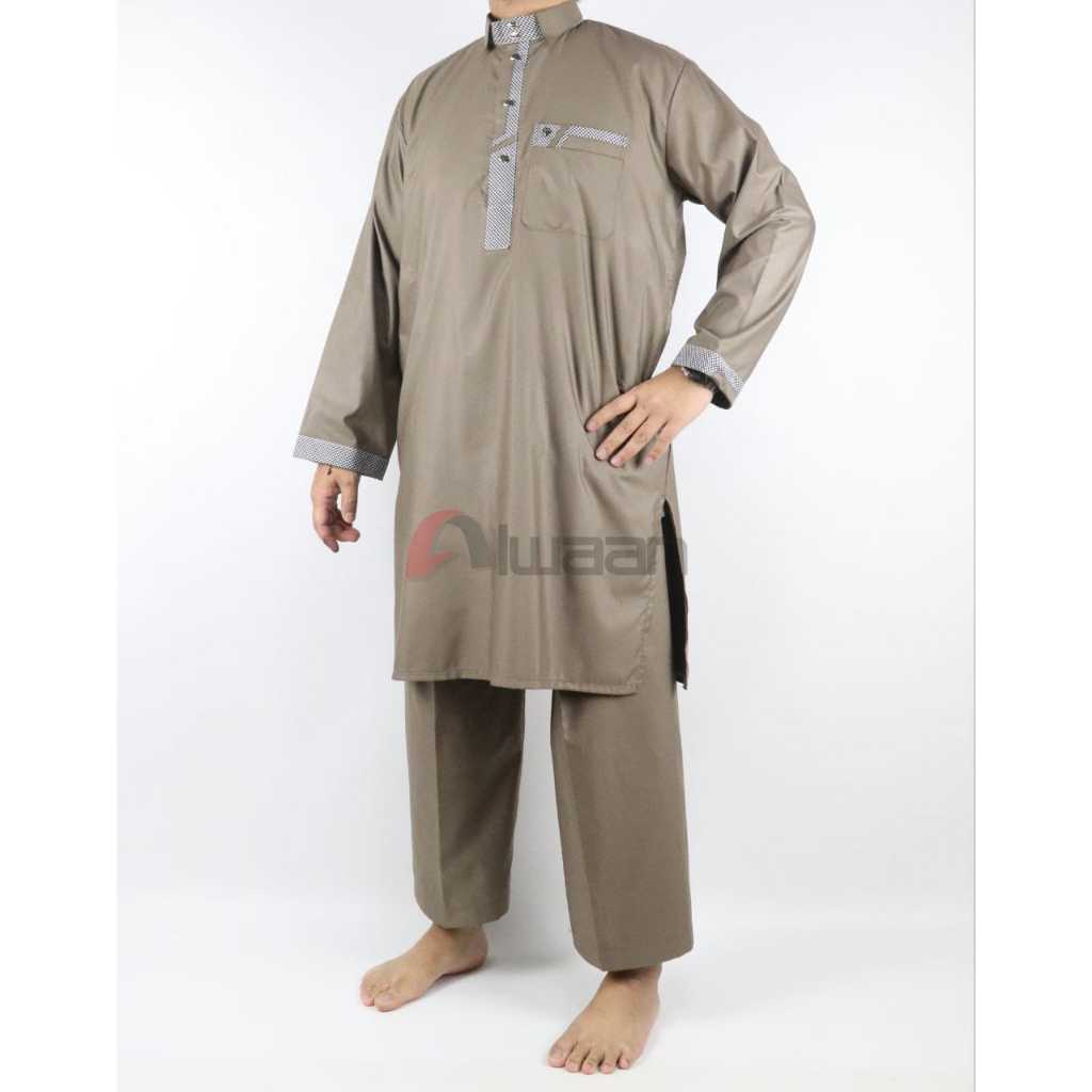 Baju/pakaian muslim pria koko gamis stelan dewasa ALWAAN/ATTALWIN model SD053 warna KHAKI