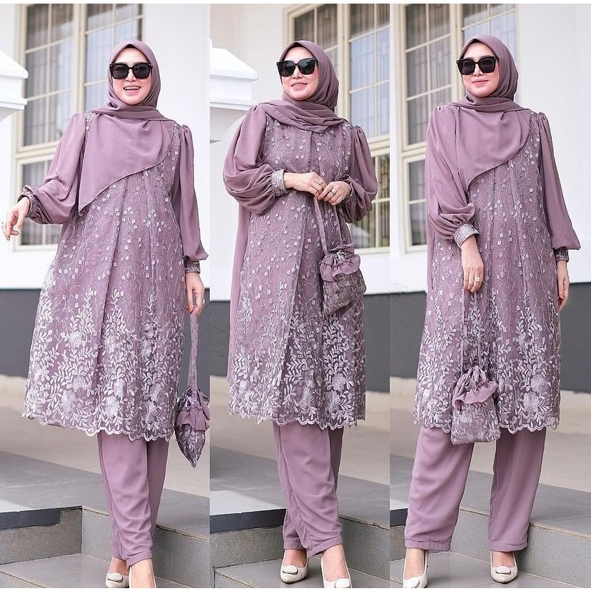 Lexi Set2in1 Bahan Cerutty mix Brukat Setelan Wanita Kekinian  LongTunik danCelana FashionMuslim ELF