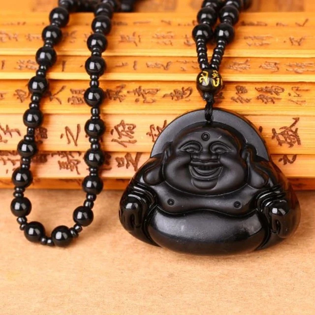 Kalung Ukir Buddha Ketawa Maitreya Batu Hitam / Kalung Liontin Buddha Masa Depan Akan Datang Tali Ma