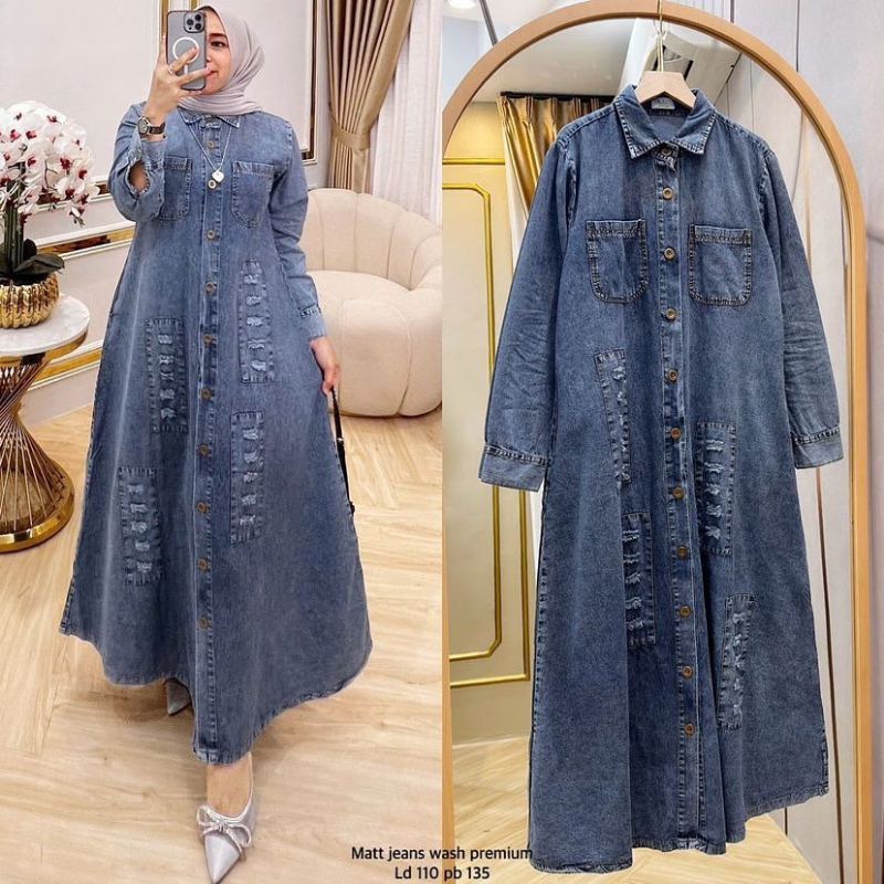 Dress Khanza Gamis Muslim Wanita Matt Jeans premium Baju Dress Wanita Mode Masa Kini Casual Dress