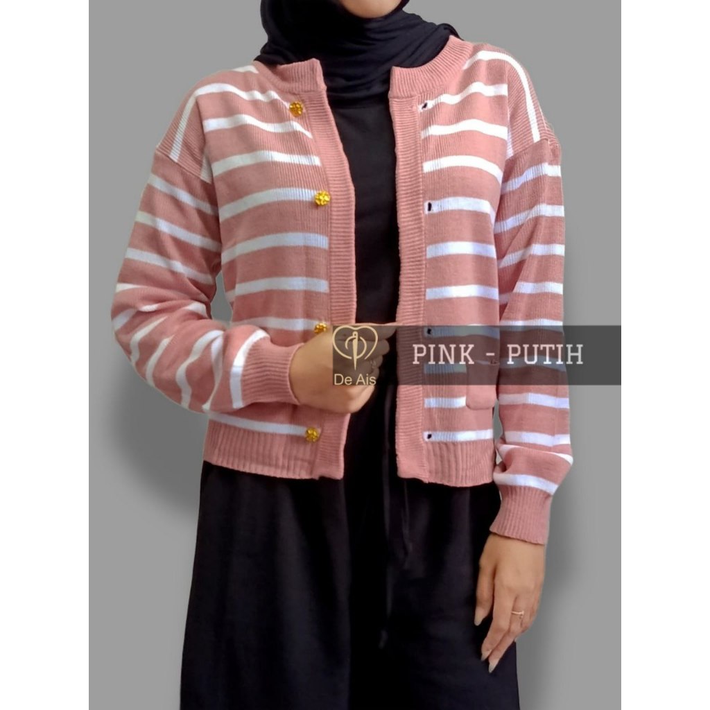 Cardigan Korean Style Knit Stripe Cardigan Crop Sweater Rajut