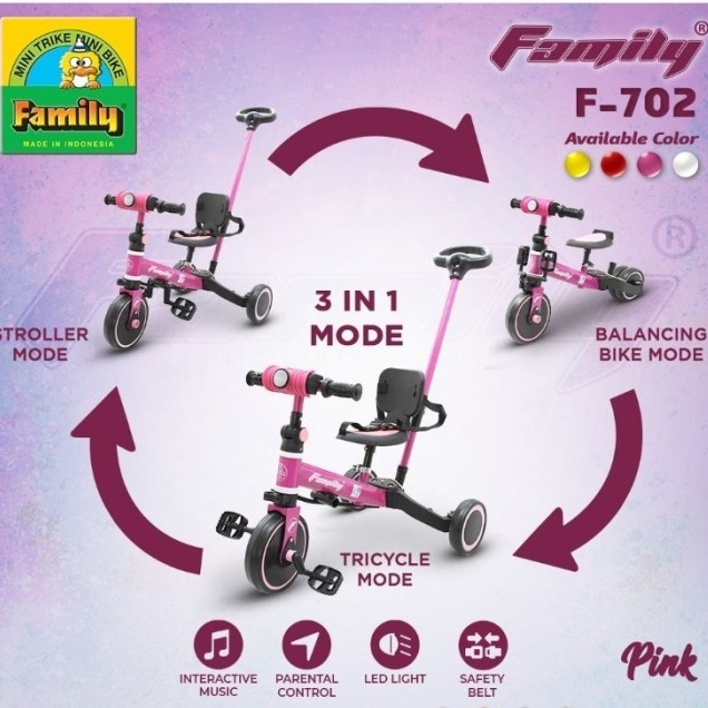 Sepeda roda tiga family 702 tricycle balance bike stroller anak family 3 in 1 multifungsi ada seatbe