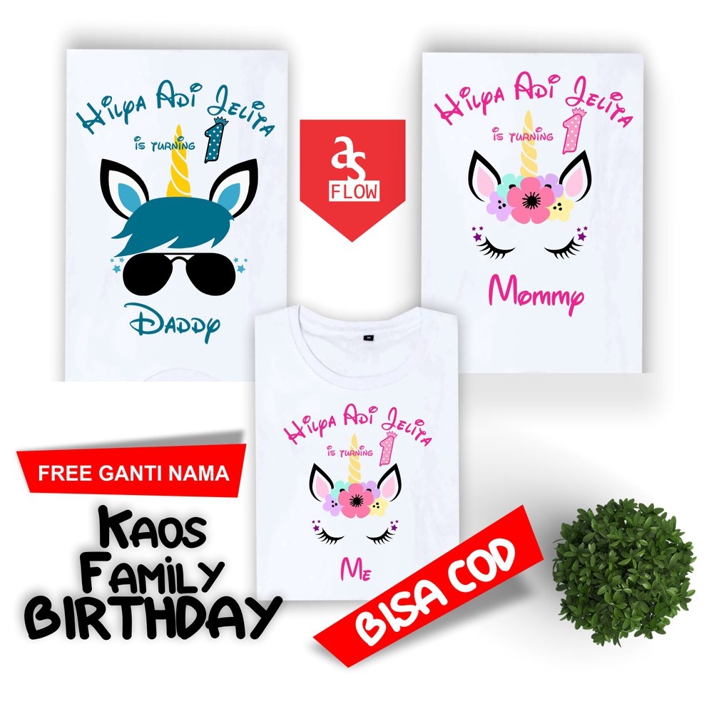 BAJU KAOS FAMILY CUSTOM ULANG TAHUN  KAOS COUPLE KELUARGA TEMA UNICORN