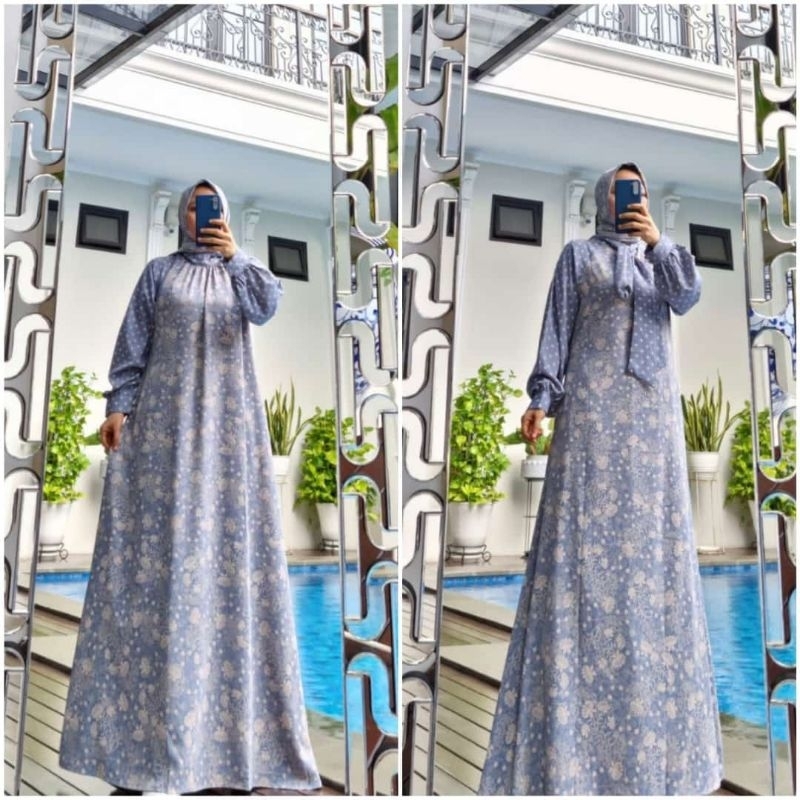 Set Gamis marbella twill motif siang malam (bunga + polka) + jilbab segiempat ori By Edness Kayla