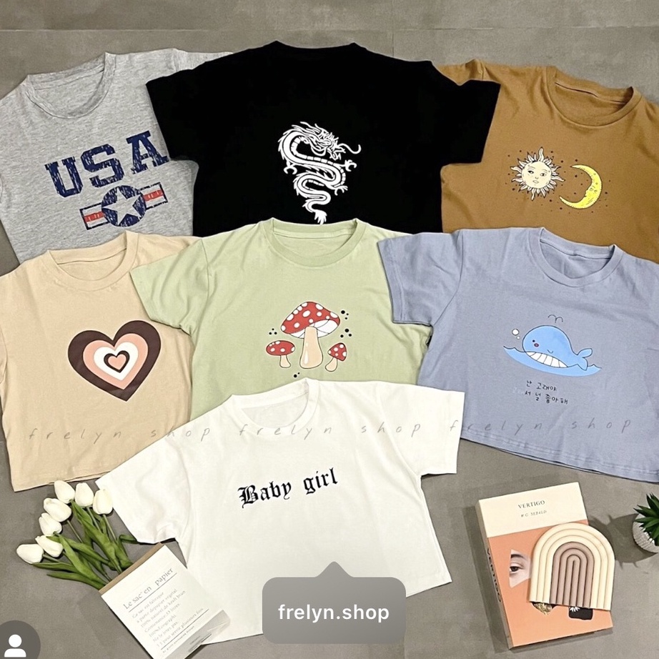 COD FRELYN SHOP  CROP TOP MOTIF  BAJU KAOS TUMBLR CROP TEE TSHIRT KAOS KOREA FASHION WANITA SAGE BEI