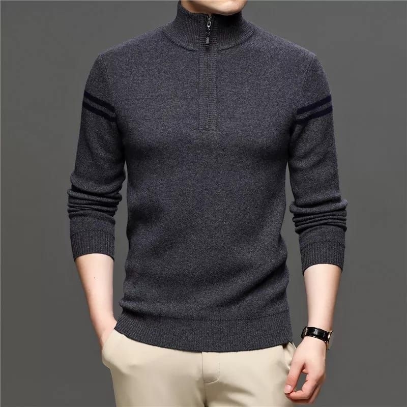 Sweater Rajut Pria Kerah Tinggi Resleting setengah